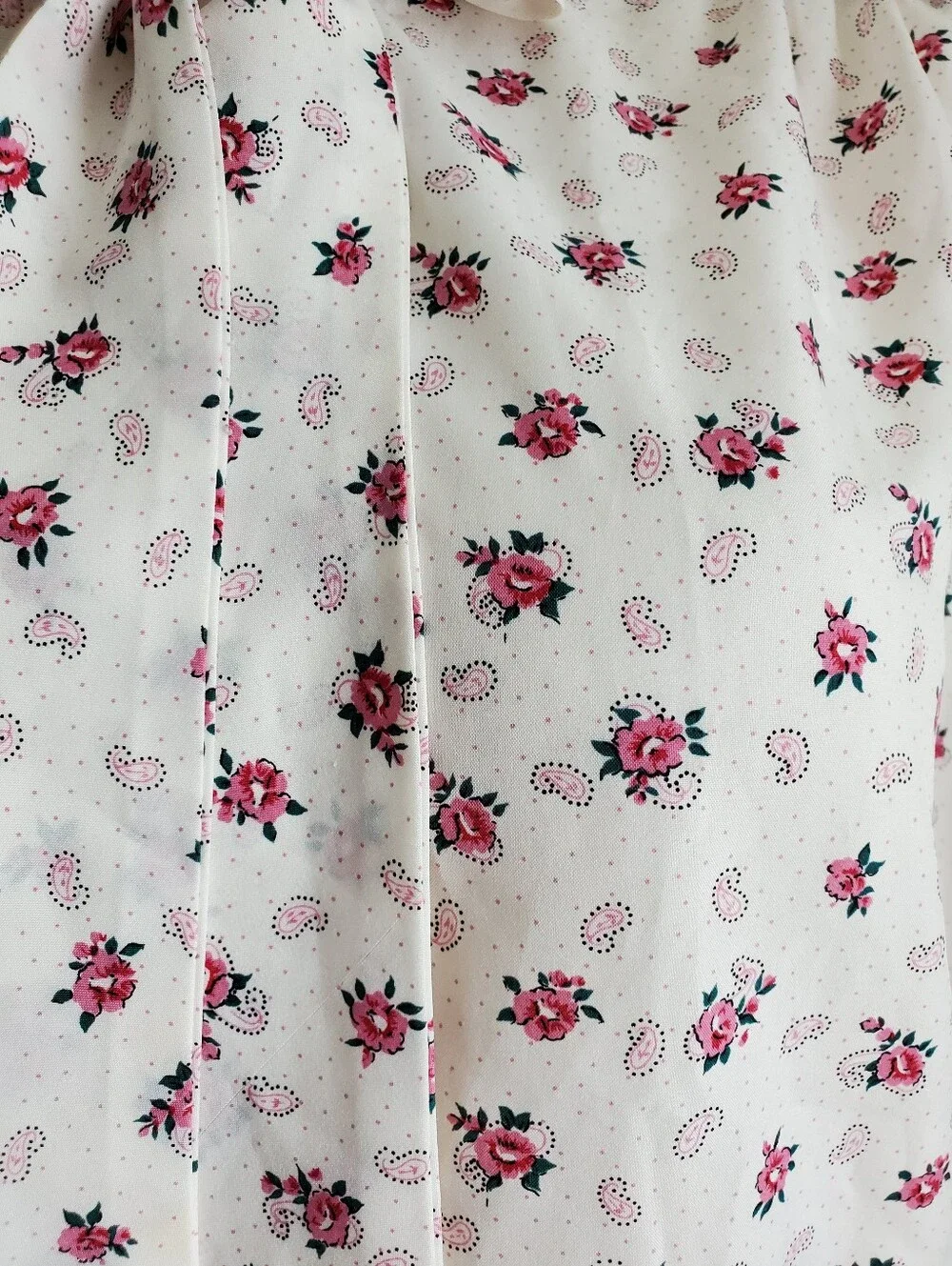 70s Vintage Pussybow Long Sleeve Blouse Micro Polka Dot Paisley Rose Print - Picture 8 of 10